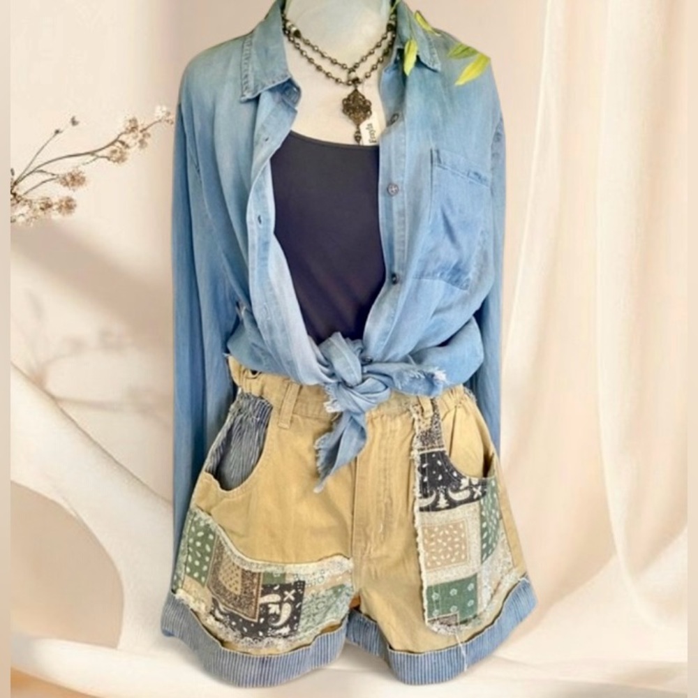 POL Mustard Patchwork Boho Cuff Hem Baggy Shorts